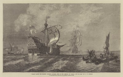 Drake taking the Spanish Galleon Capitana, One of the Armada, to Torbay, 22 July 1588, in the Exhibition of the Society of Painters in Water-Colours by Oswald Walters Brierly